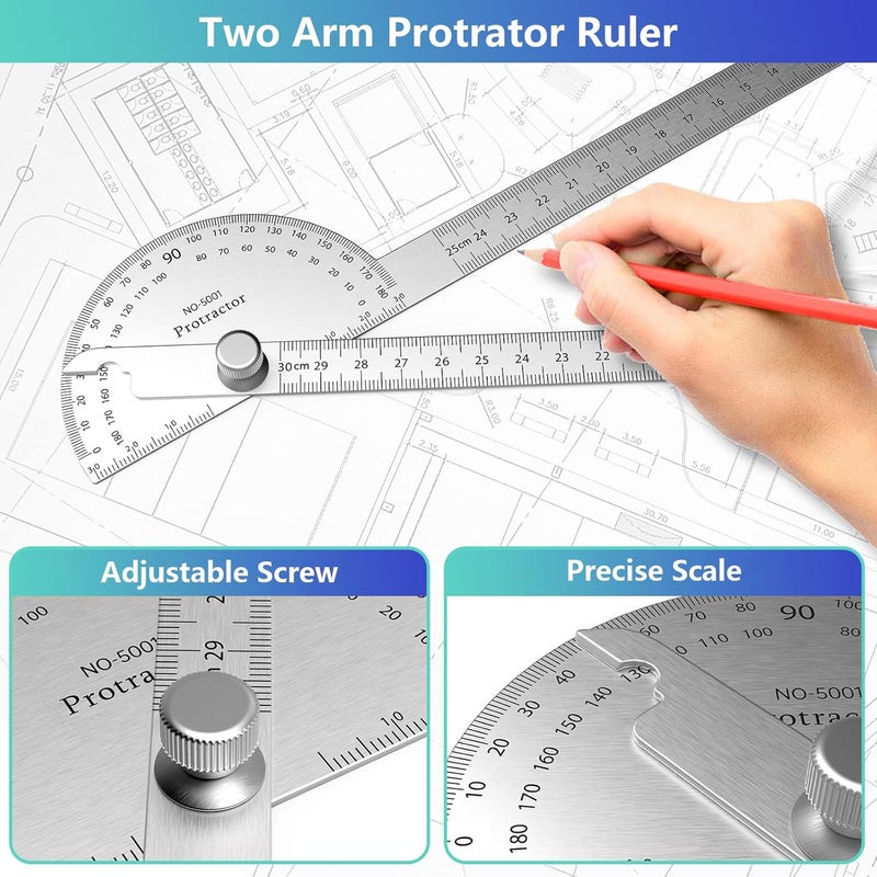 ForoGore Stainless Steel Protractor 180 Degrees Two Arm Ruler Adjustable Angle Protractor Woodworking Ruler Craftsman Angle Measure Tool (30 cm/ 11.8 Inch) - Image 5